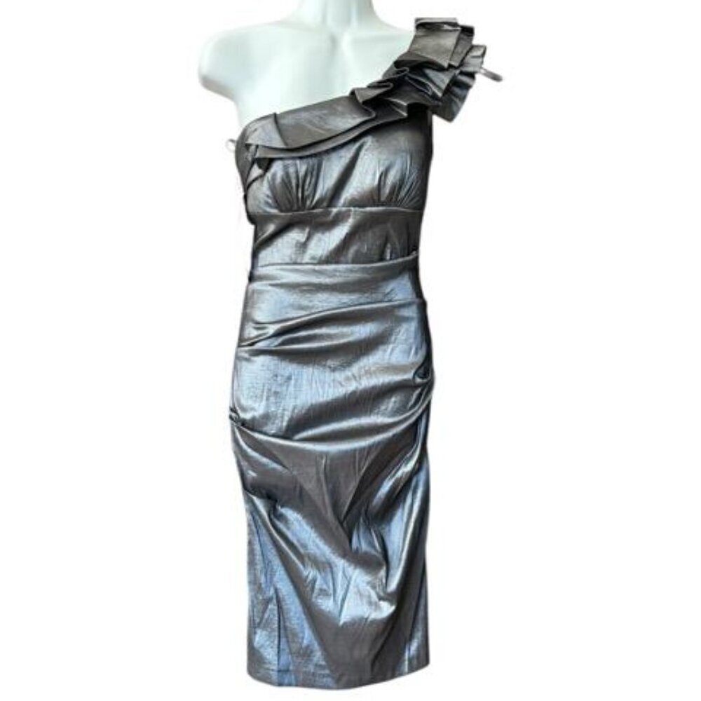May Queen Silver Metallic One Shoulder Taffeta Lame Dress With Wrap